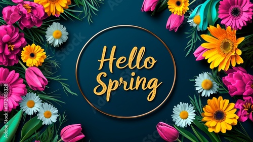 Colorful flowers and lush greenery create a vibrant border around the text Hello Spring, Hello Spring flat lay image for social media