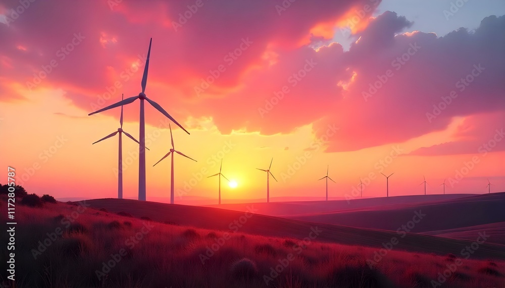 Fototapeta premium Hyper-Realistic Image of a Wind Farm at Sunset with Vibrant Sky and Rolling Hills