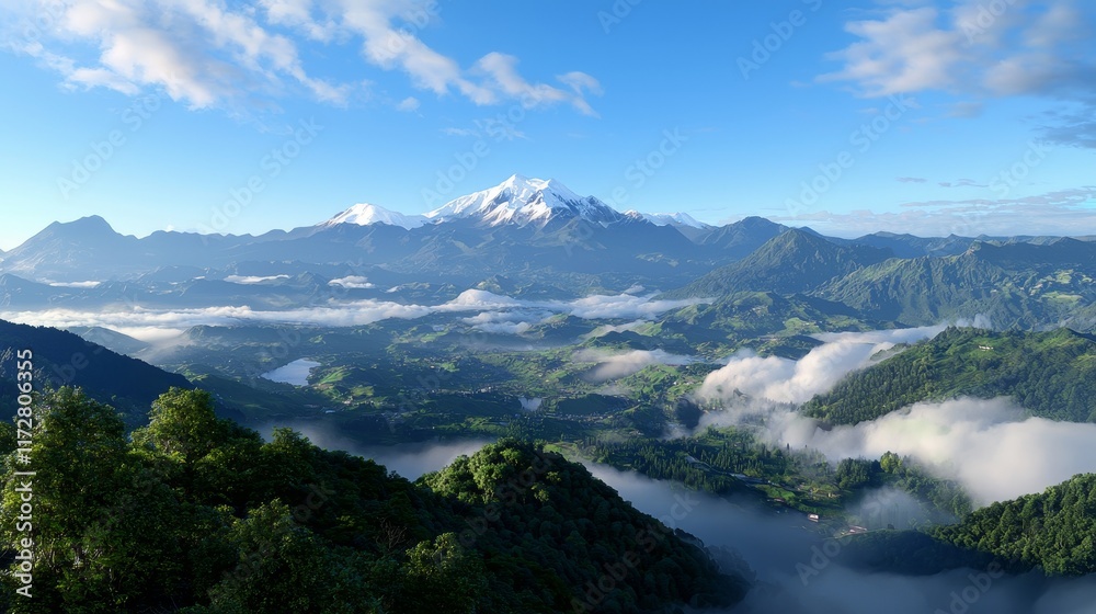 Majestic Snow-Covered Mountain Peak Rising Above the Clouds Majestic Snow-Covered Mountain Peak Rising Above the Clouds