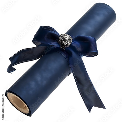diploma scroll with navy ribbon and silver accents photo