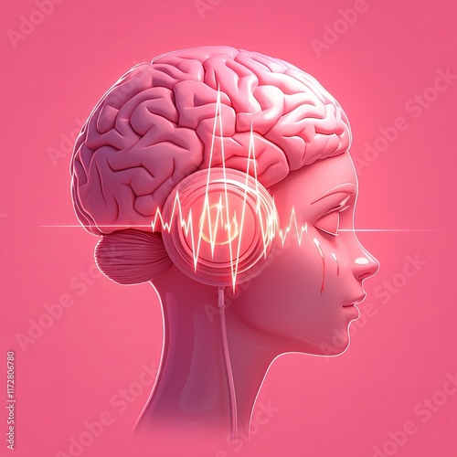 health warning symptoms alerts. A stylized illustration of a human profile with a brain and headphones, featuring a sound wave against a pink background, symbolizing music and mental engagement.