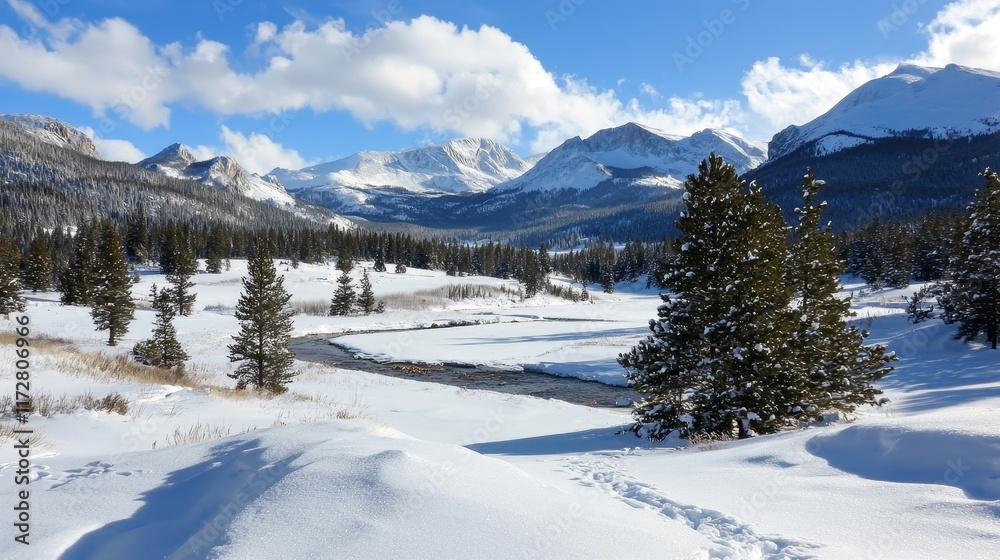 Snow-Capped Mountains and Frosty Pines Under a Clear Blue Sky Snow-Capped Mountains and Frosty Pines Under a Clear Blue Sky