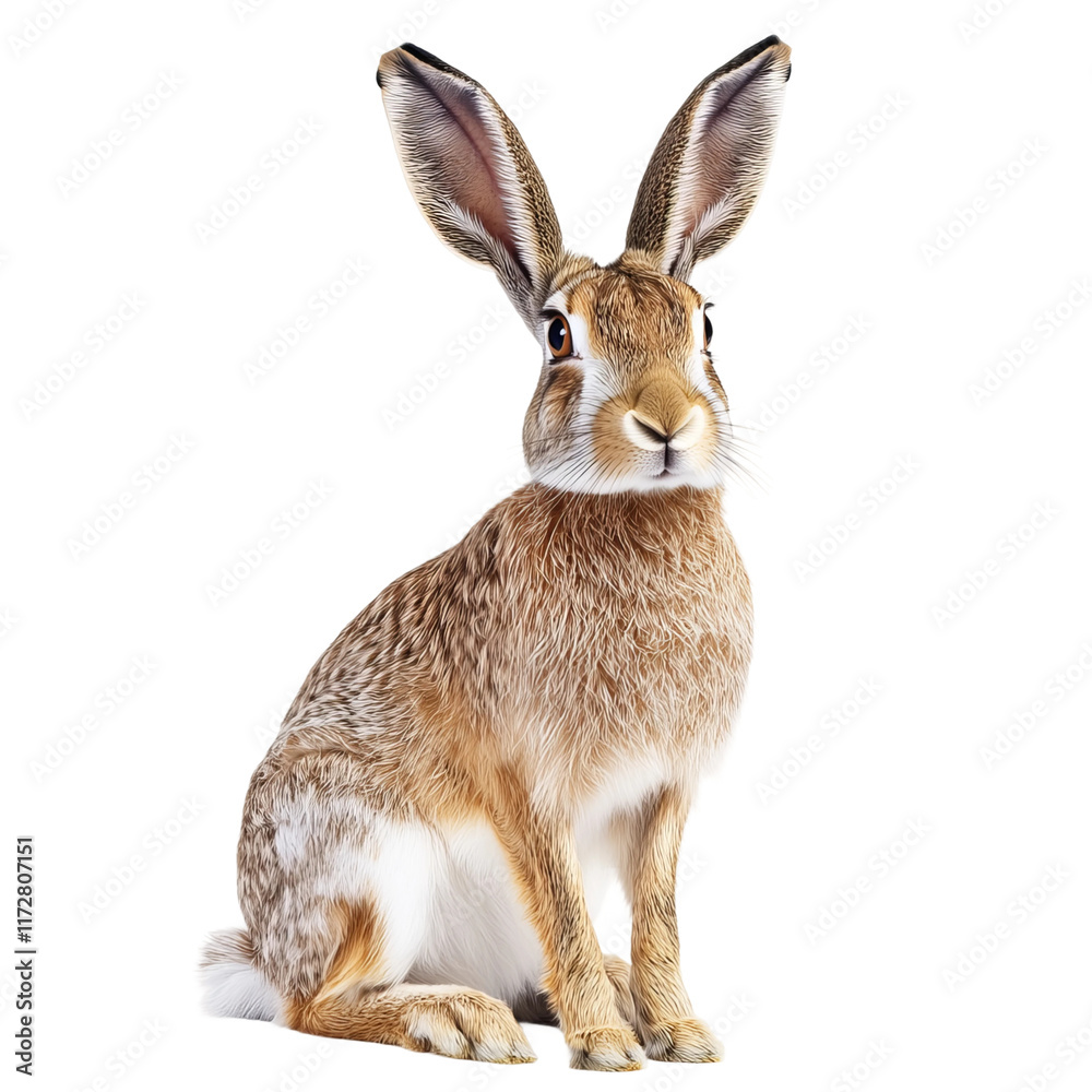 European Hare Portrait: A European hare sits alert, its long ears and brown fur capturing the essence of the species.