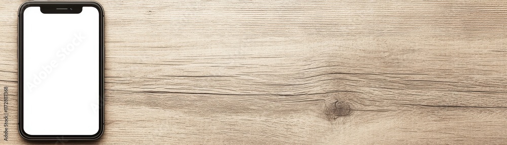 Fototapeta premium A sleek smartphone is placed on a wooden surface, showcasing a blank screen, ideal for digital mockups or design presentations.
