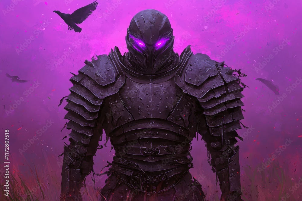Fototapeta premium Dark Knight in Armor with Purple Glow and Mysterious Purple Sky