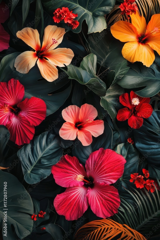 custom made wallpaper toronto digitalTropical flowers flourish in vibrant colors amidst lush green leaves in a warm, sunlit environment