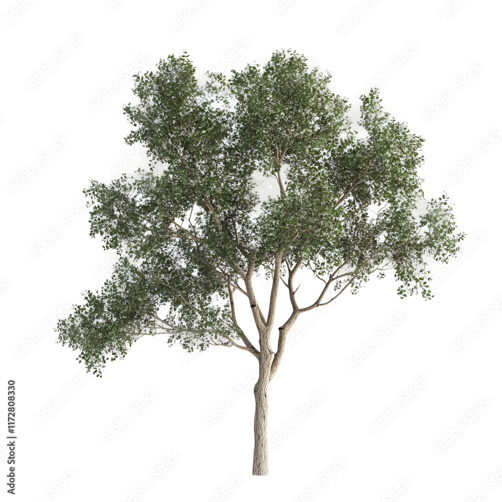 Eucalyptus Tree: A realistic shot of a towering eucalyptus tree with vibrant green foliage and a textured trunk, against a clear background. Evoking a sense of the great outdoors.