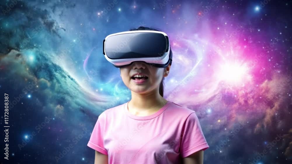 Young girl with a joyful expression wearing a VR headset against a cosmic background Young girl with a joyful expression wearing a VR headset against a cosmic background