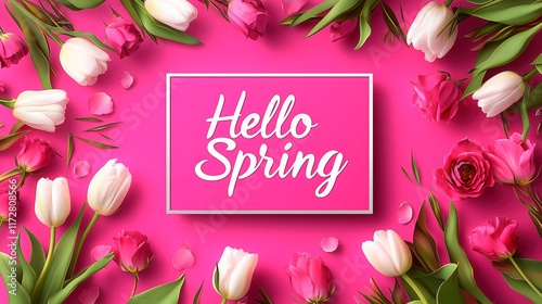 Pink and white tulips resting on a bright pink background with welcoming phrase Hello Spring in the center, Hello Spring flat lay image for social media