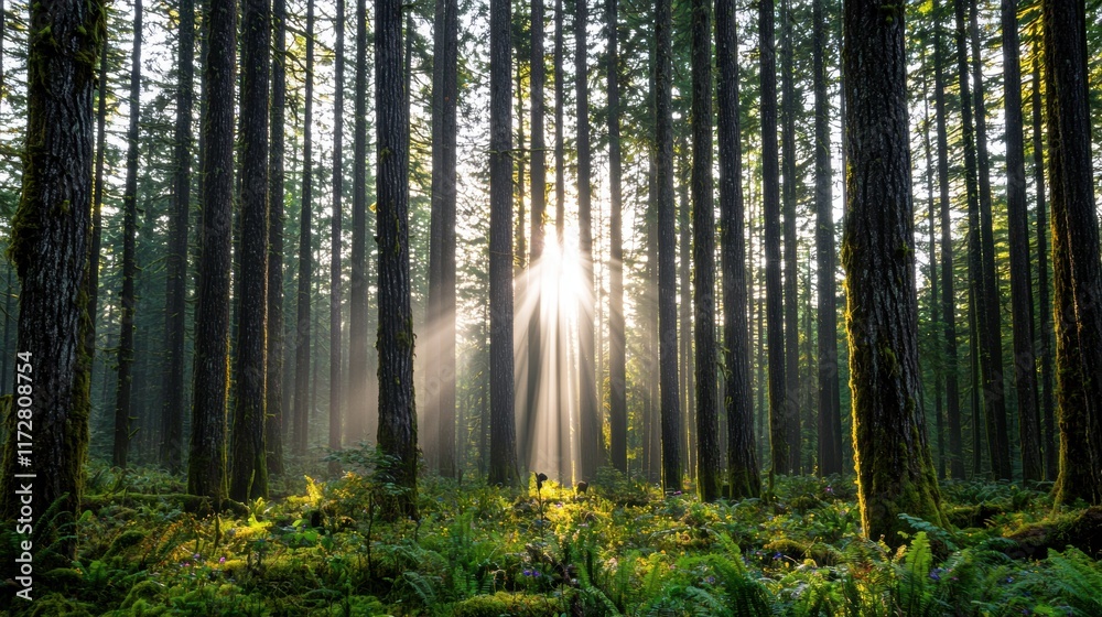 Fototapeta premium Sunlight Rays Illuminate Forest in Tranquil Nature Scene