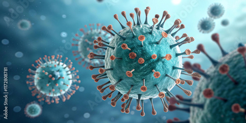 Close-up of a detailed complex structure of a virus particle, with spike proteins protruding from the surface. In the background there are several similar particles in a bluish environment.AI