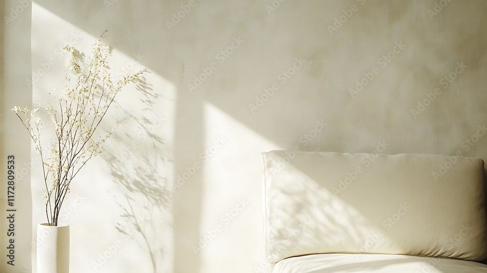White Flowers in Vase Near Cream Sofa in Sunlight