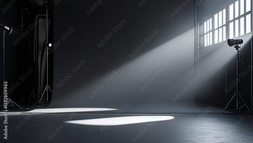 Obraz premium Dark Photo Studio Camera and Lighting Equipment, Tripod, and Lamp against Smoke covered Black Background with copy space.