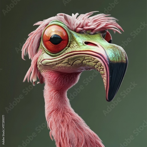 Whimsical pink and green cartoon bird creature with large eyes photo