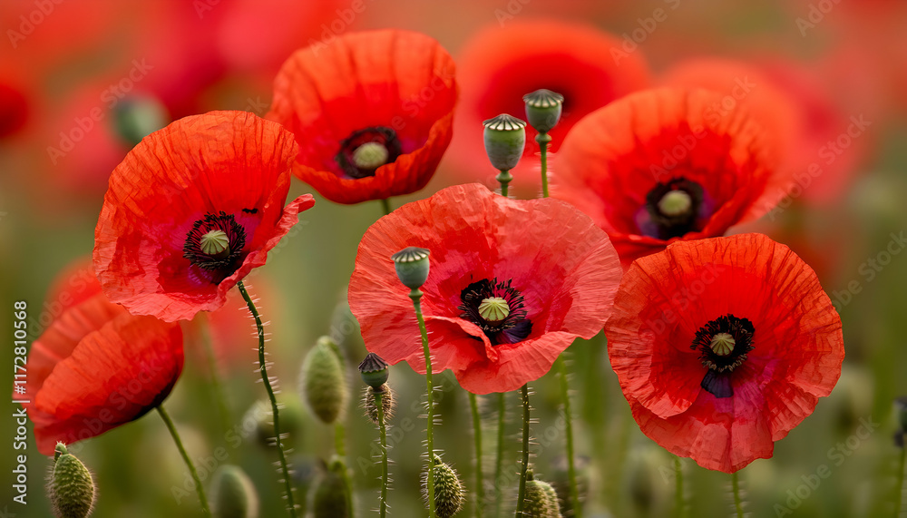 Obraz premium Vibrant red poppies in a field, showcasing their delicate petals and intricate details. A stunning close-up view of nature's beauty.