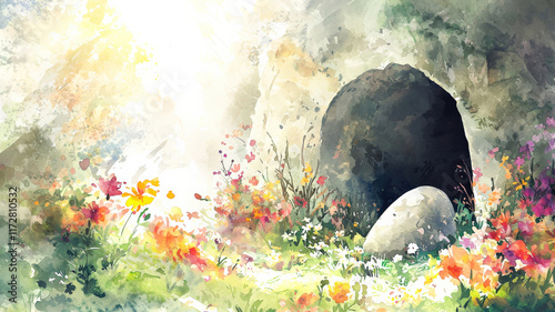 Fototapeta Naklejka Na Ścianę i Meble -  A peaceful watercolor painting of an empty tomb with the stone rolled away, adorned with blooming flowers and illuminated by bright sunlight, symbolizing resurrection and hope.
