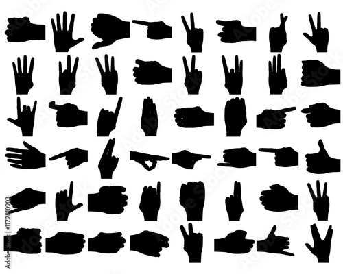 Collection of hand silhouettes with various fingers pointing in different directions. Scene is one of curiosity and exploration
