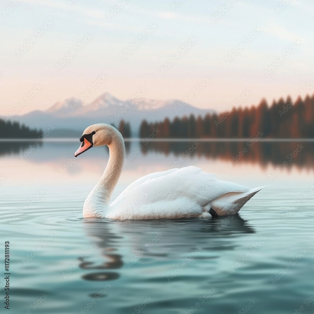 Fototapeta premium Elegant White Swan Gracefully Gliding on Serene Lake Waters