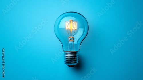 Brightly Glowing Filament Lightbulb Photo: Close-Up View Against Vibrant Blue Background. AI Generated