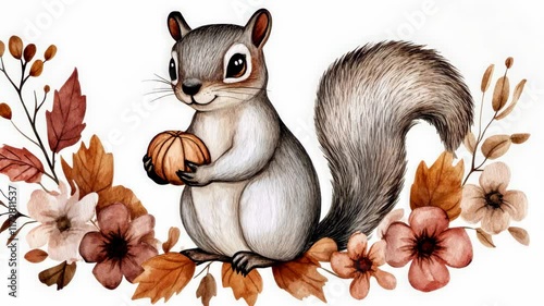 Squirrel holding a pumpkin surrounded by autumn leaves and flowers in a quaint woodland setting