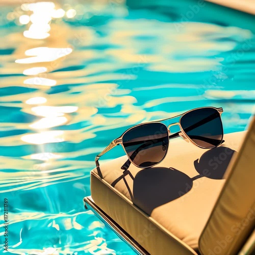 Stylish black sunglasses on a sun lounger near a clear blue pool. Travel and vacation concept, copyspace for text