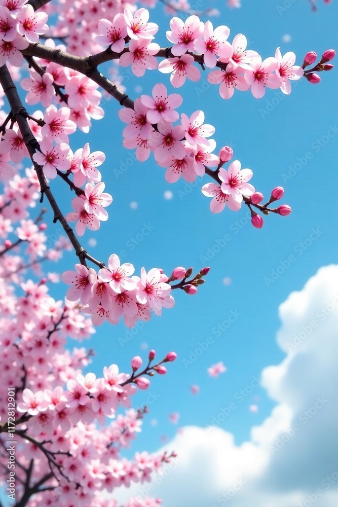 Cherry blossom branches sway under blue heavens, flowers, blooming trees Cherry blossom branches sway under blue heavens, flowers, blooming trees