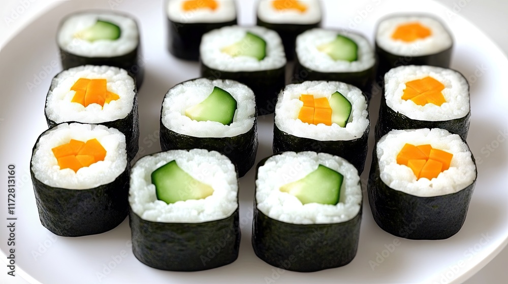 A plate of sushi rolls featuring cucumber and carrot fillings. A plate of sushi rolls featuring cucumber and carrot fillings.