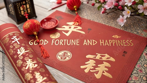 A close-up of Chinese calligraphy on red paper, with the characters for good fortune and happiness elegantly written in gold ink. The paper is surrounded by traditional decorations like flowers,  photo