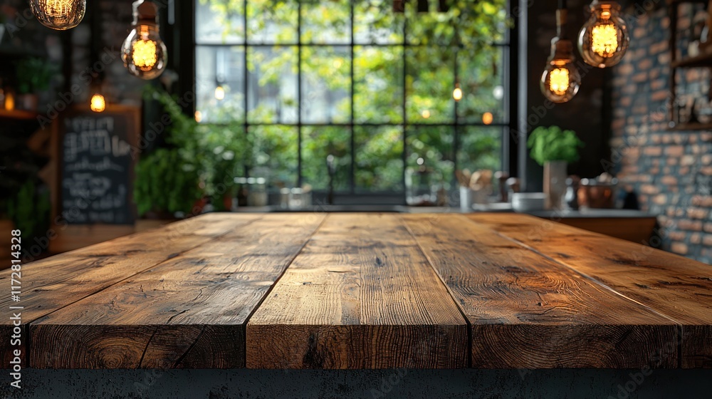 Rustic wooden table in a cozy café setting.