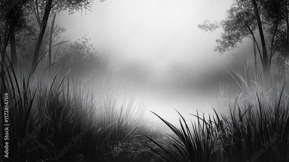 Obraz premium Misty Swamp Landscape With Tall Grasses And Trees