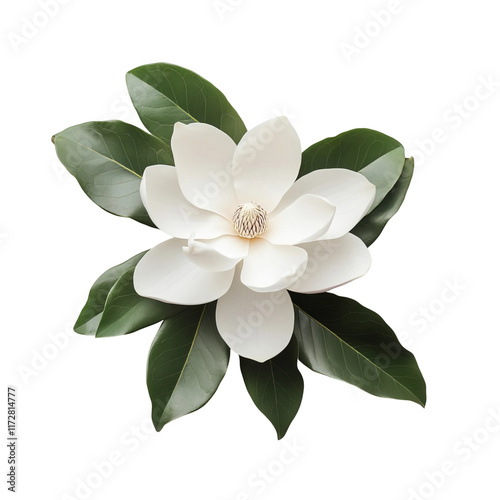 A white magnolia flower with green leaves around it isolated on a white background