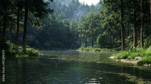 Pristine forest lake with rippling water reflecting lush greenery.