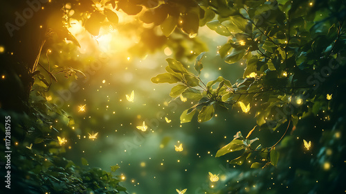 A serene woodland filled with fluttering fairies glowing softly amidst shimmering leaves  photo