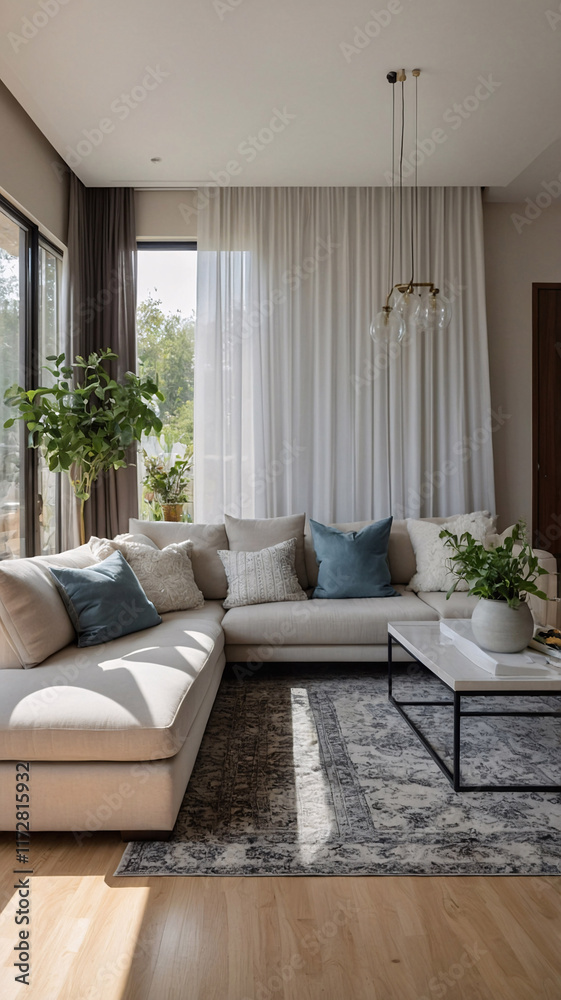 Naklejka premium Bright and open traditional rural home design with neutral sofa large windows and cozy rug beneath the furniture