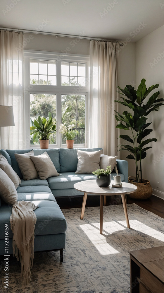 Naklejka premium Bright and welcoming traditional rural home interior with neutral color sofa large windows and wool rug under furniture