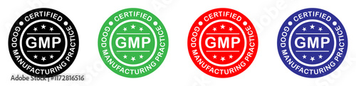 GMP (Good Manufacturing Practice) stamp vector icon set in colorful style on white background. GMP certified badge vector icon set. photo