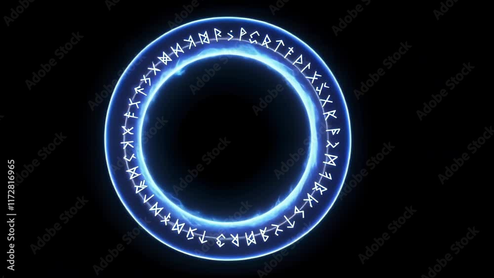 Electric blue energy plasma ring with runes magical symbols, frame Portal with glowing lightning isolated on black background, overlay transparent alpha VFX