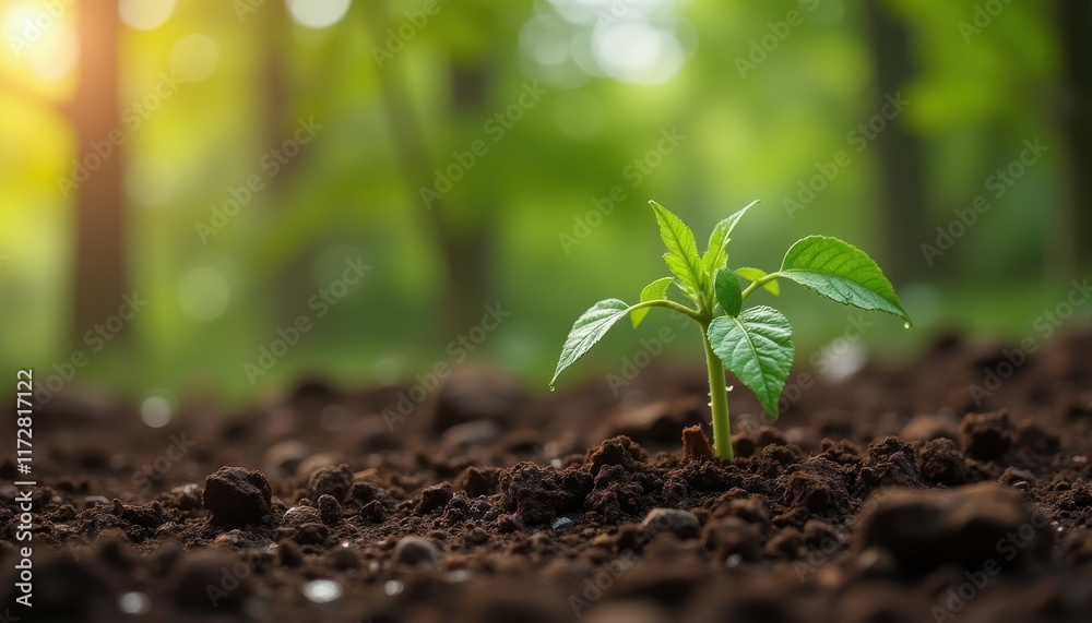 Fototapeta premium Small green sprout in soil with sunlight in forest