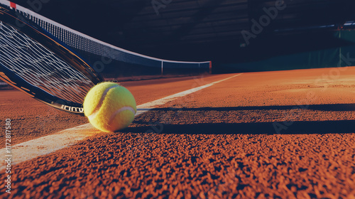 tennis ball and racket on clay court close to baseline photo