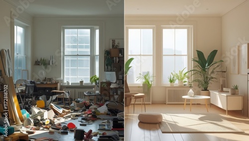 Studio room transformation from cluttered to serene minimalist