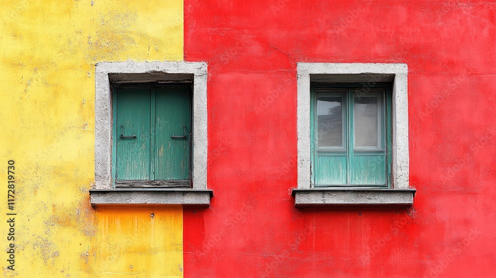 Colorful Architectural Contrast: Yellow and Red Wall with Green Window Shutters Colorful Architectural Contrast: Yellow and Red Wall with Green Window Shutters