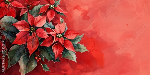Detailed shot of transparent poinsettia blossoms in water color on a red backdrop with ample writing area for background or narrative usage, Generative AI.