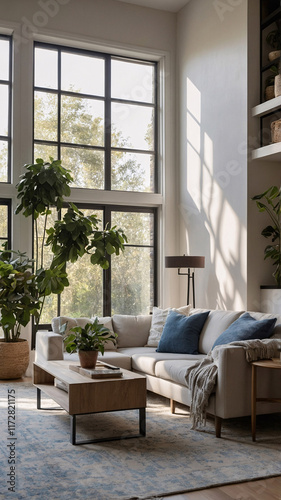 Inviting and light filled traditional rural interior featuring neutral color sofa large windows and beautiful rug under the furniture