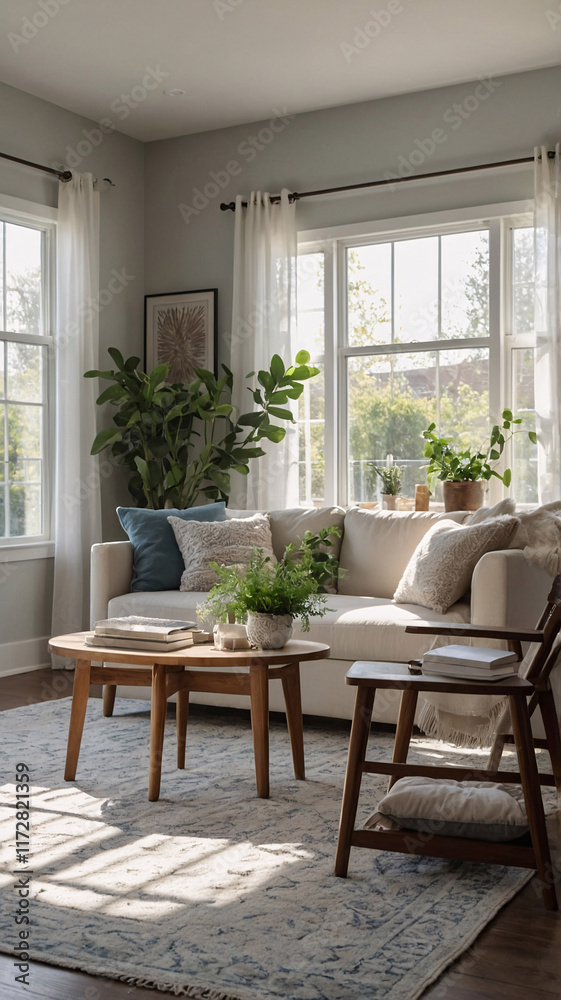 Fototapeta premium Inviting and serene traditional rural home with neutral sofa large windows and intricate rug beneath the furniture