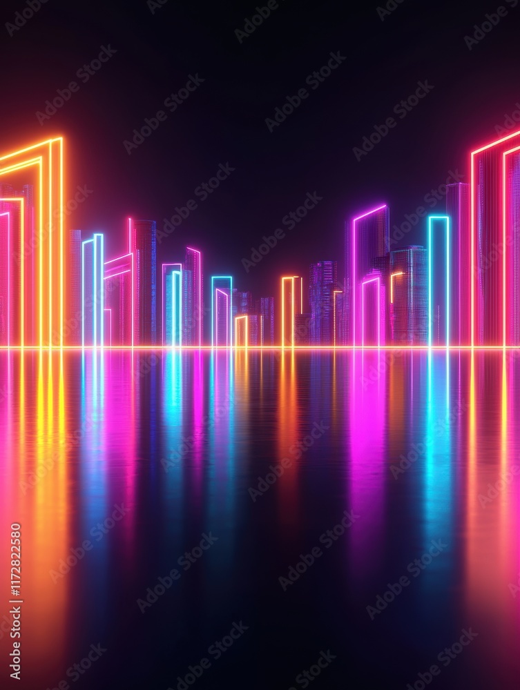 Futuristic Cityscape with Neon Lights and Reflections at Night Futuristic Cityscape with Neon Lights and Reflections at Night