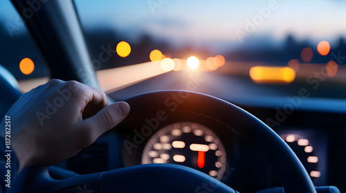 hands of car driver on steering wheel, road trip, driving on highway road photo