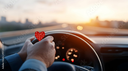 hands of car driver on steering wheel, road trip, driving on highway road photo