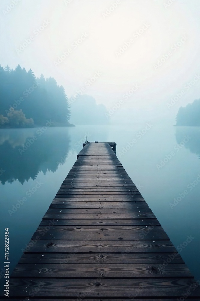 Fototapeta premium Wooden pier stretches into the foggy lake surface, serenity, atmosphere, water