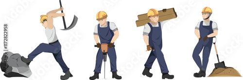 Isolated Set of characters of labor working. builders in uniform and helmet. Flat design, vector and color CMYK.