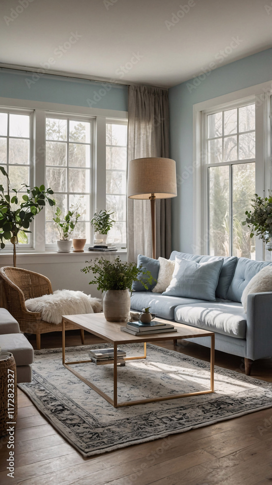 Fototapeta premium Peaceful traditional rural interior design with neutral sofa expansive windows and a vintage rug under furniture